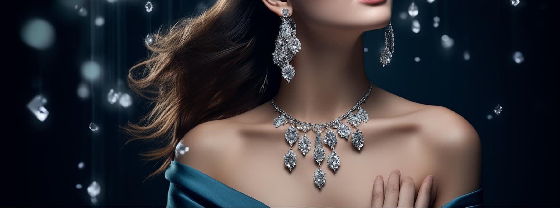 Model wearing lab-grown diamond earrings and necklace